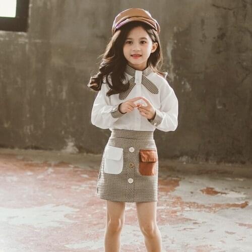 New Children Clothes Set for Girls 2Pcs Spring Autumn Suits Long Sleeve Shirt + Skirt Kids Clothing Sets Plaid Girls Outfits