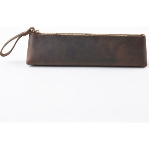 Retro Leather Pencil Case College First Layer Crazy Horse handmade Holder Student Pen Bag Stationery Storage Bag