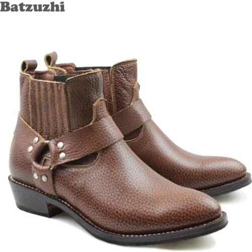 CooL Handmade Mens Boots Shoes Pointed Toe Cowhild Genuine Leather Boots Men Ankle Boots Western Cowboy Motorcycle Botas Hombr