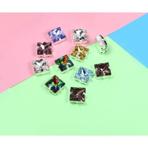 Square Colorful Glass Sew On Rhinestone With Silver Claw Flatback Crystal sewing Rhinestone strass For clothes/needlework dress