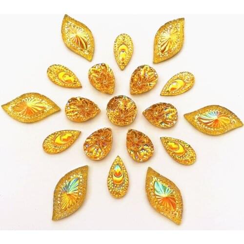 MIX 100pcs Drop Round Leaf Sew On Rhinestones Yellow Stone Strass Beads Sewing For Clothes Wedding Party Ball Dress Decorations