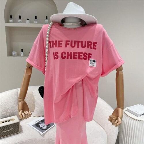 Fashion Split Mid-length Short-sleeved T-shirt Women Spring/summer 2021 New Loose Niche Bright Color Letters Western-style Shirt