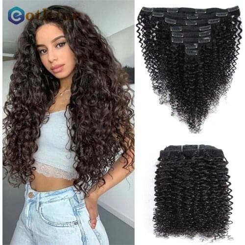 Clip In Hair Extensions Kinky Curly Brazilian 100% Human Hair For Natural Black Color Full Head 8 Pieces And 120g/Set Remy Hair