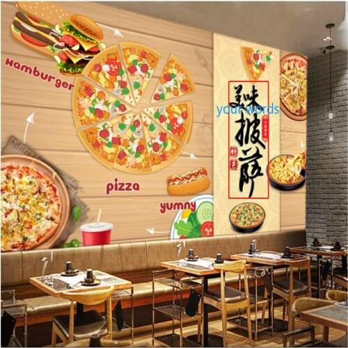 Chinese Style Pizza Hamburger Yellow Mural Wallpaper 3D Fast Food Western Restaurant Wood Grain Industrial Decor 3D Wall Murals