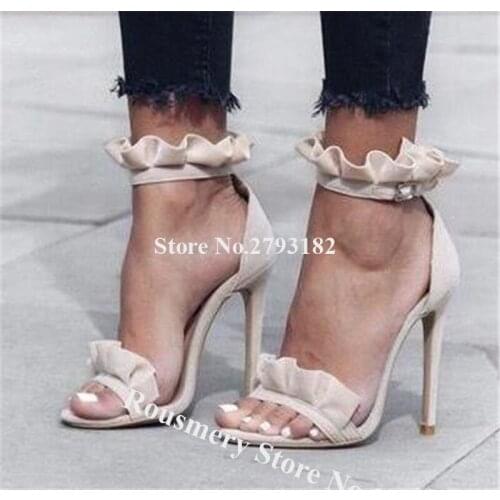 New Fashion Women Elegant Suede Leather Ruffles Stiletto Heel Gladiator Boots Pink Beige High Heel Sandals Formal Dress Shoes