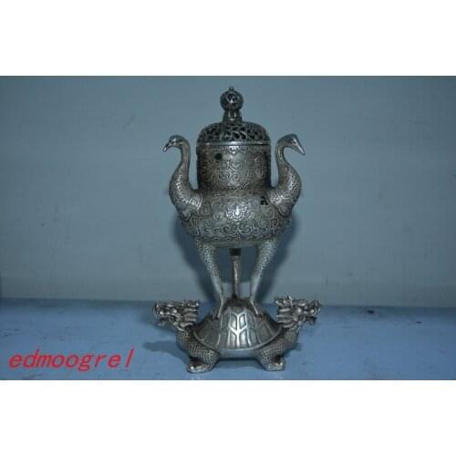 Very rare Ming Dynasty (XuanDe1398--1435)silver Crane & Turtle incense burner tatue,Decoration