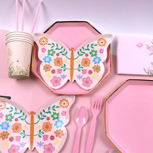 Butterfly Flower Cartoon Party Disposable Tableware Decor Paper Plates Cups Balloons Birthday Baby Shower Wedding Party Supplies