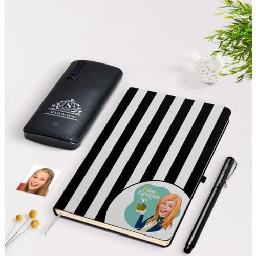 Personalized Women 'S Class Teacher Caricature Of Black Notebook pen 12.000 Mah Powerbank Gift Seti-1