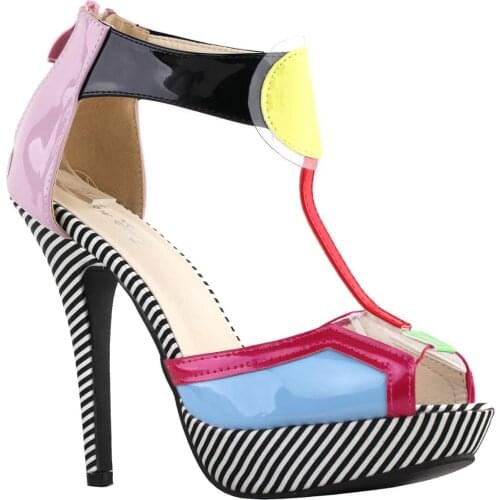 LF30482 SHOW STORY Sexy Ladies Multicoloured Stripe T-Bar Zip Ankle Strap Stiletto Platform Sandals
