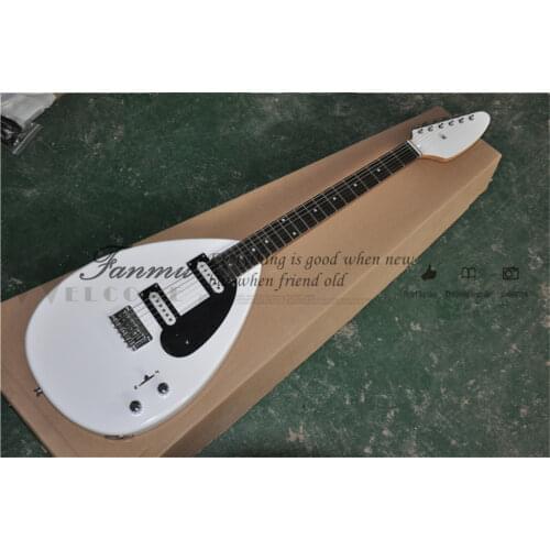 Free shipping custom 6 string guitar,white guitar,HH pickups, black pickbuard,fixed bridge,rosewood frets,2 stwich chrome button
