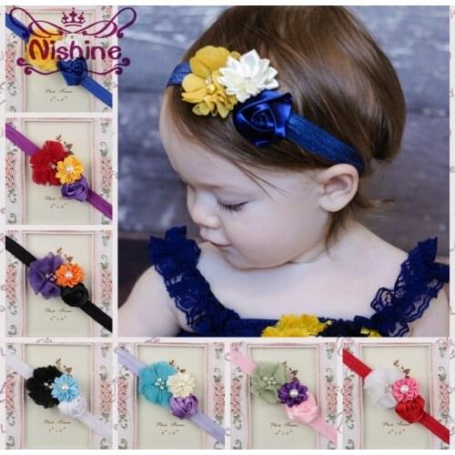 Nishine 8 Colors Chiffon Rose Flower Girls Headband Party Dress Matching Hair Accessories Children Headwear Photo Props