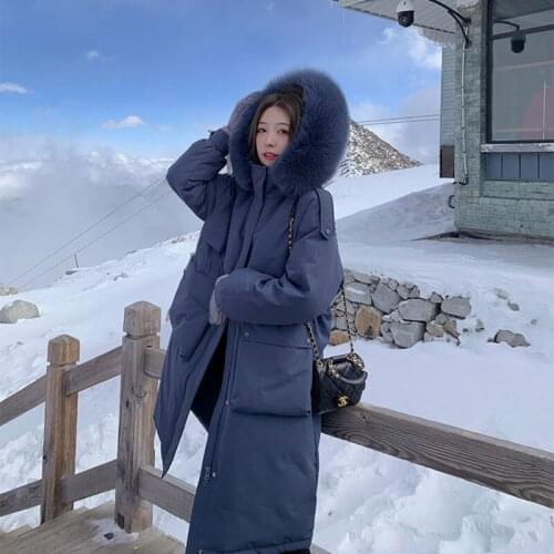 Down Jacket Women Artifical Large Fur Collar Hooded Thickened Big Pocket Korean Slim Elegant Office Lady Warm Parker Winter Coat