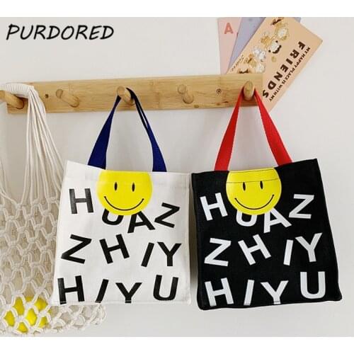 PURDORED 1 Pc Mini Smile Face Handbag for Women Cartoon Casual Letter Smile Print Handbag Tote Bag Female Small Shopping Bag