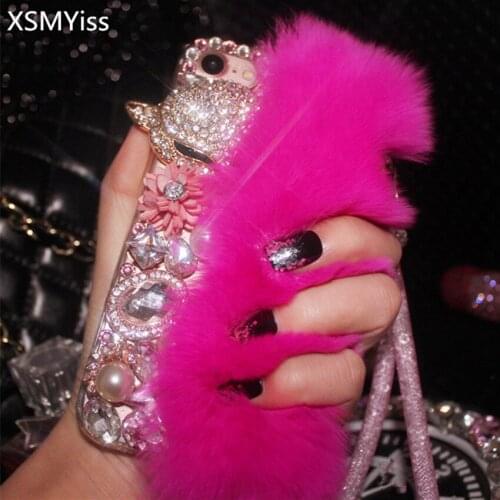 Luxury Rabbit Fur Rhinestone Diamond Fox Head Flower Pearl Case For iPhone 12 11 Pro MAX XS MAX XR 6 7 8 PLUS glitter Back shell