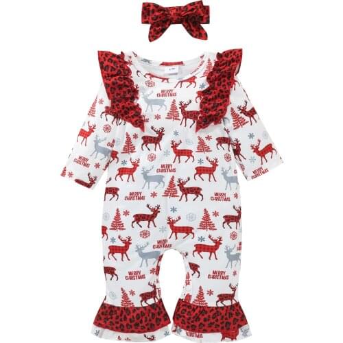 Newborn Baby Girls Christmas Romper Long-sleeved Jumpsuit with Bow Headdress, Elk Print Ruffle Decoration Spring Clothing