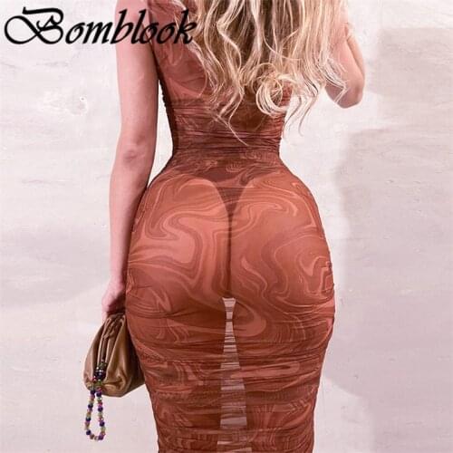 Bomblook Sexy Party Club Bodycon Dresses For Womens 2021 Summer Solid Sleeveless See Through Mesh Midi Dress Female Streetwears