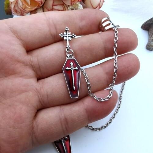New Gothic Red Oil Drop Coffin Cross Pendant Earrings Metal Chain Fashion Coffin Earrings Ladies Gifts Halloween Christmas