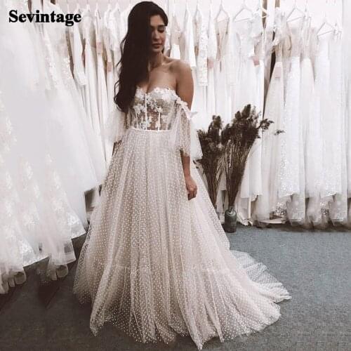Sevintage Dotted Lace Wedding Dresses Off The ShoulderLacing Back Nude Color Top Bride Dress 2021 Princess Boho Bridal Gowns