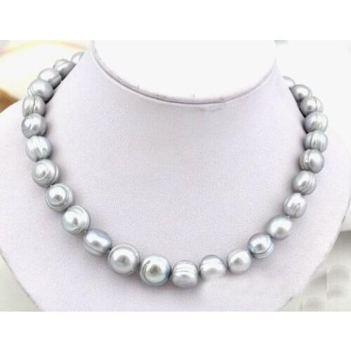 Wedding Woman Jewelry 12-14mm Gray Real Pearl Choker Necklace Natural Freshwater Pearl Handmade