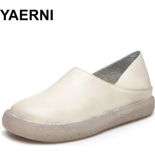 YAERNI2020Loafers Women Genuine Leather Slip On Round Toe Swing Casual Shoes Women Flats Comfortable and Soft Zapatos De Mujer