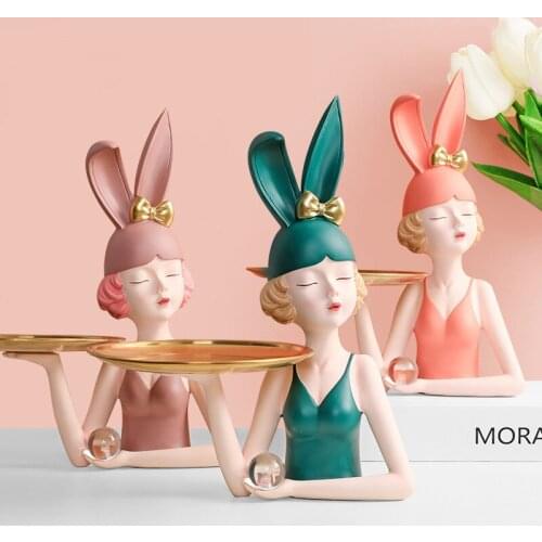Creative Bunny Girl Figure Statue Tray Storage Ornaments Porch Decoration Home Furnishings Resin Crafts Statue Decorations
