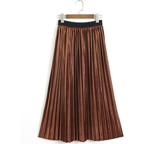 PERHAPS U Black Brown Camel Elastic Waist Midi Velvet Skirt Pleated Ruched Solid Winter Autumn Casual S0092