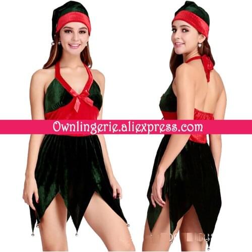 Green Christmas Elf Costumes For Women Green Hat Santa Cosplay New Year X'mas Soft Velvet Halter Carnival Festival Fancy Dress