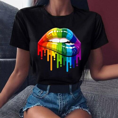 WVIOCE Harajuku Color Lip Print Women Top Casual Female Short-sleeved Streetwear Sexy Black Round Neck Oversized T-shirt H1