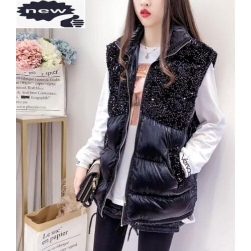 Euro Fashion Sequins Patchwork Womens Sleeveless Cotton Parkas Korean Autumn Winter Loose Fit Zip Lapel Female Warm Waistcoats
