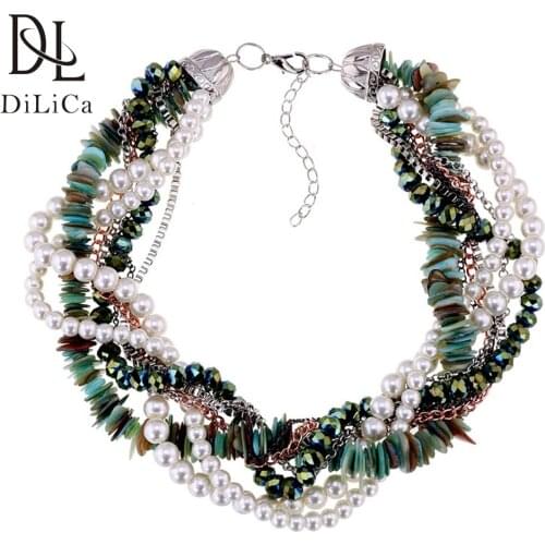 DiLiCa Hand-knitted Beads Choker Necklace for Women Imitation Pearl Layered Statement Necklace Female Charming Necklaces Blue