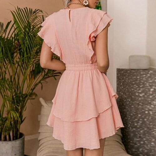 Women Dress Solid Color Mid-length Tight Waist Women Ruffled Dress for Dating