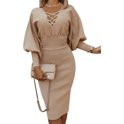 2020 Fall Winter Clothes Women V Neck Strop Slim High Waist Sheath Bodycon Dress Fashion Casual Party Knit Dresses Free Shipping