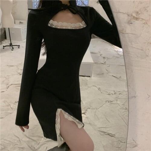 Korean Harajuku Vintage Fairy Sexy Goth Dress Harajuku Bandage Punk Women Elegant Women Black Patchwork Lolita Party Mini Dress