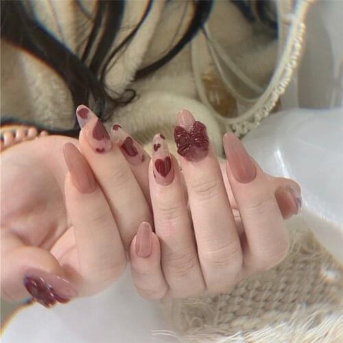 24pcs Love Heart Printed Nail Patch Glue Type Removable Long Paragraph Fashion Manicure Save Time False Nail Patch DL