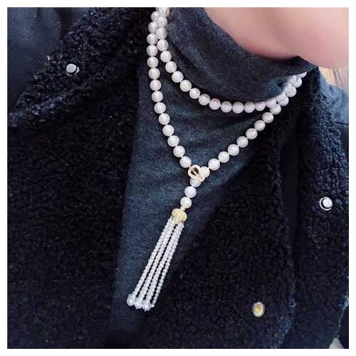 Free shipping long 8-9mm white Pearl CZ Necklace Pendant 925 silver micro inlay zircon clasp accessory jewelry