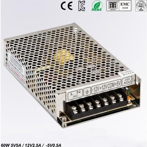 60W high quality Triple Output power supply 5V / 5A 12V / 2.5A -5V / 0.5 ac to dc power supply T-60A CE approved