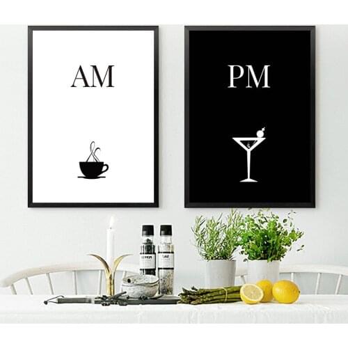 Black And White AM PM Quote Wall Canvas Painting Print Coffee Cocktail Poster Wall Decorative Pictures For Restaurant Bar 170