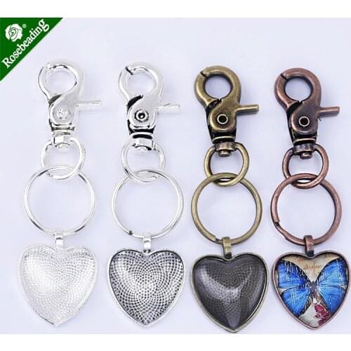 DIY Keychain Kits 25mm Heart Bezel Cabochon Setting Pendant Trays with Lobster Clasp Glass Cabochons,sold 5pcs/set