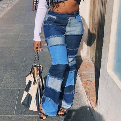 Fashion Color Block High Waist Flare Jeans With Pockets Streetwear Sexy Trousers Bell Bottoms Skinny Patchwork Denim Jean Pants