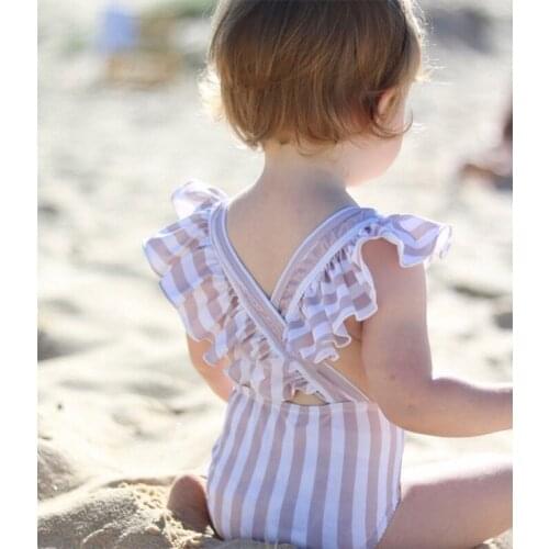 Ins Fashion Toddler Baby Swimsuit Striped Cross Back Bathing Suit for Kids Ruffles Summer Fashion Korean Outfit