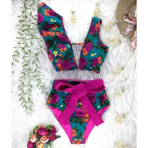 Flower Swimsuit 2021 Women Print Red Bikini Separate High Waist Pure Color Print Beach Swimwear