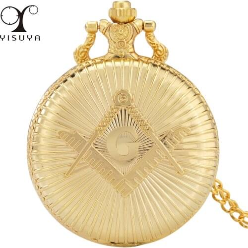 Golden Masonic Theme Quartz Pocket Watch Antique Freemason Souvenir Pendant Clock Retro Gifts with Sweater Chain /Pocket Chain