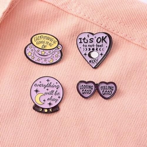 Sweet Cute Purple Heart Glasses Enamel Brooch Coffee Star Moon ITS OK Alloy Pins Badge Woman Jewelry Clothes Accessories Gift
