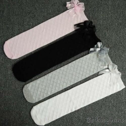 Spring and Autumn Bow Cotton Grid Childrens Socks Mesh Mesh Girls Straight Childrens Cotton Knees High Girls Fashion Socks