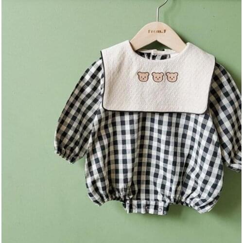 2020 Winter New Baby Thick Warm Bodysuits Cute Little Bear Print Long Sleeve Baby Girls Bodysuit Kid Boys Plaid Jumpsuit Clothes