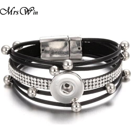 New Snap Bracelet For Women Men Fit DIY 18mm Snap Buttons Jewelry Magnet Black Leather Snap Bracelet Jewelry