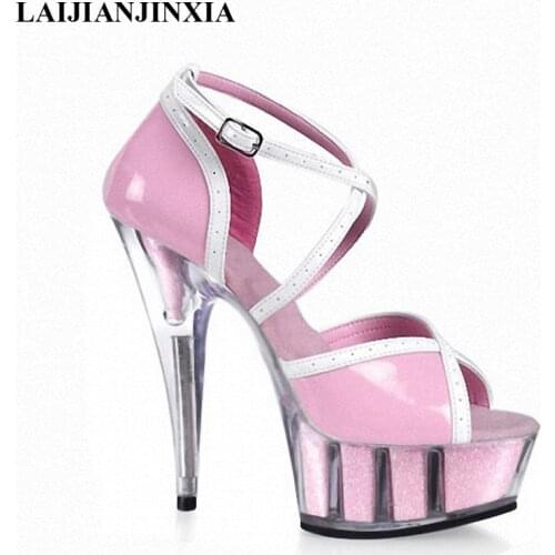 New style, beautiful transparent rose platform high heels, 15cm sexy model sandals, pole dancing shoes