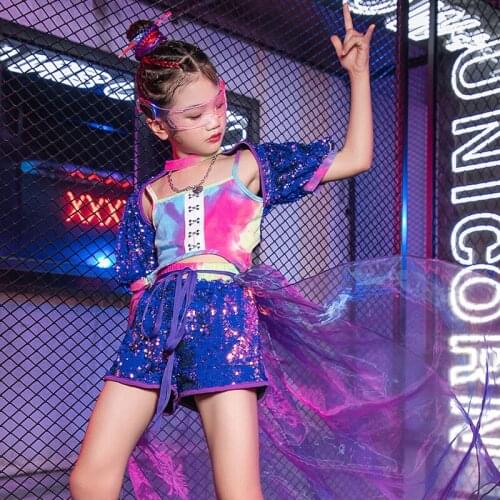 Tie-dye Jazz Dancewear Kids Catwalk Show Costume Sequins Shorts Satge Costume Girl Sets Cheerleader Uniform Dancer Outfit DL8226