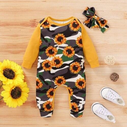 Autumn Baby Girl Boy Long Sleeve Sunflower Print Headband Newborn Romper Set