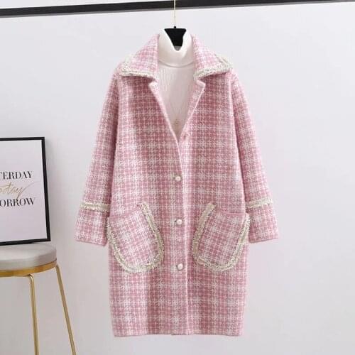 Faux Mink Fur Coat Women Plaid Sweater Cardigans Autumn Winter Coat Long Casual Loose Knitted Outerwear Female Windbreaker